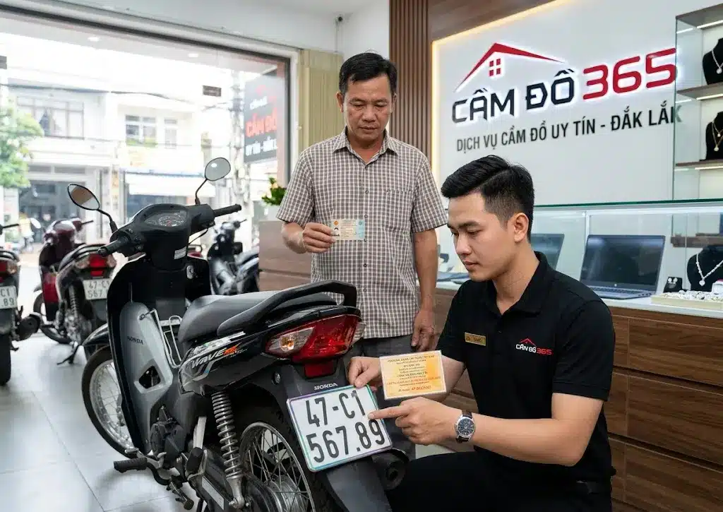 Ảnh chụp nhân viên đang đối chiếu biển số xe và giấy đăng ký xe máy của khách hàng
