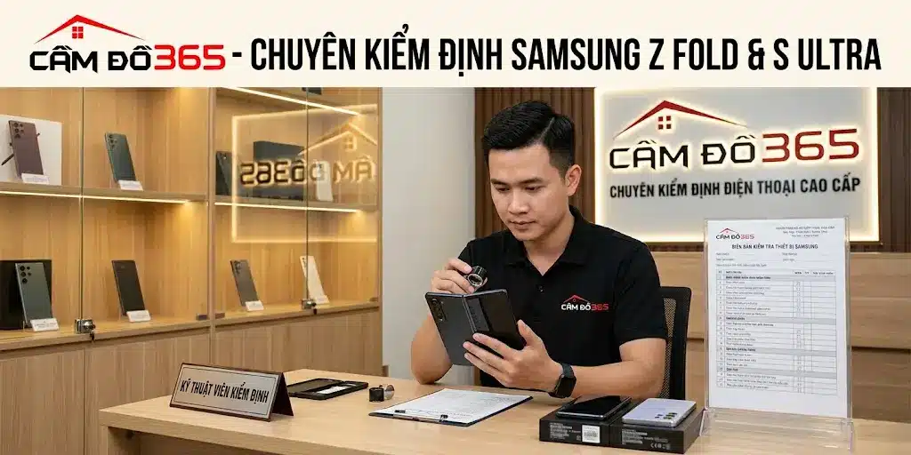 Ảnh kỹ thuật viên đang kiểm tra ngoại hình một chiếc Galaxy S Ultra hoặc Z Fold