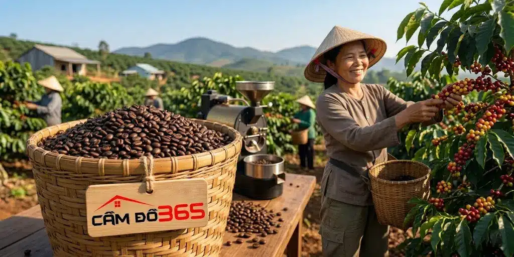 Ảnh minh họa rổ hạt cà phê rang xay hoặc nông dân thu hoạch cà phê