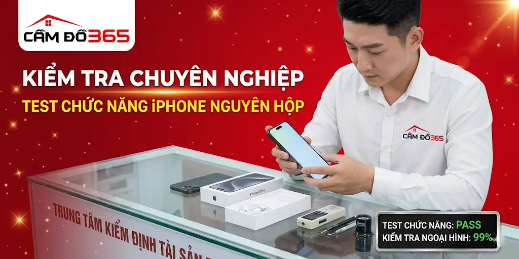 Ảnh chụp nhân viên đang kiểm tra ngoại hình, test chức năng một chiếc iPhone nguyên hộp.